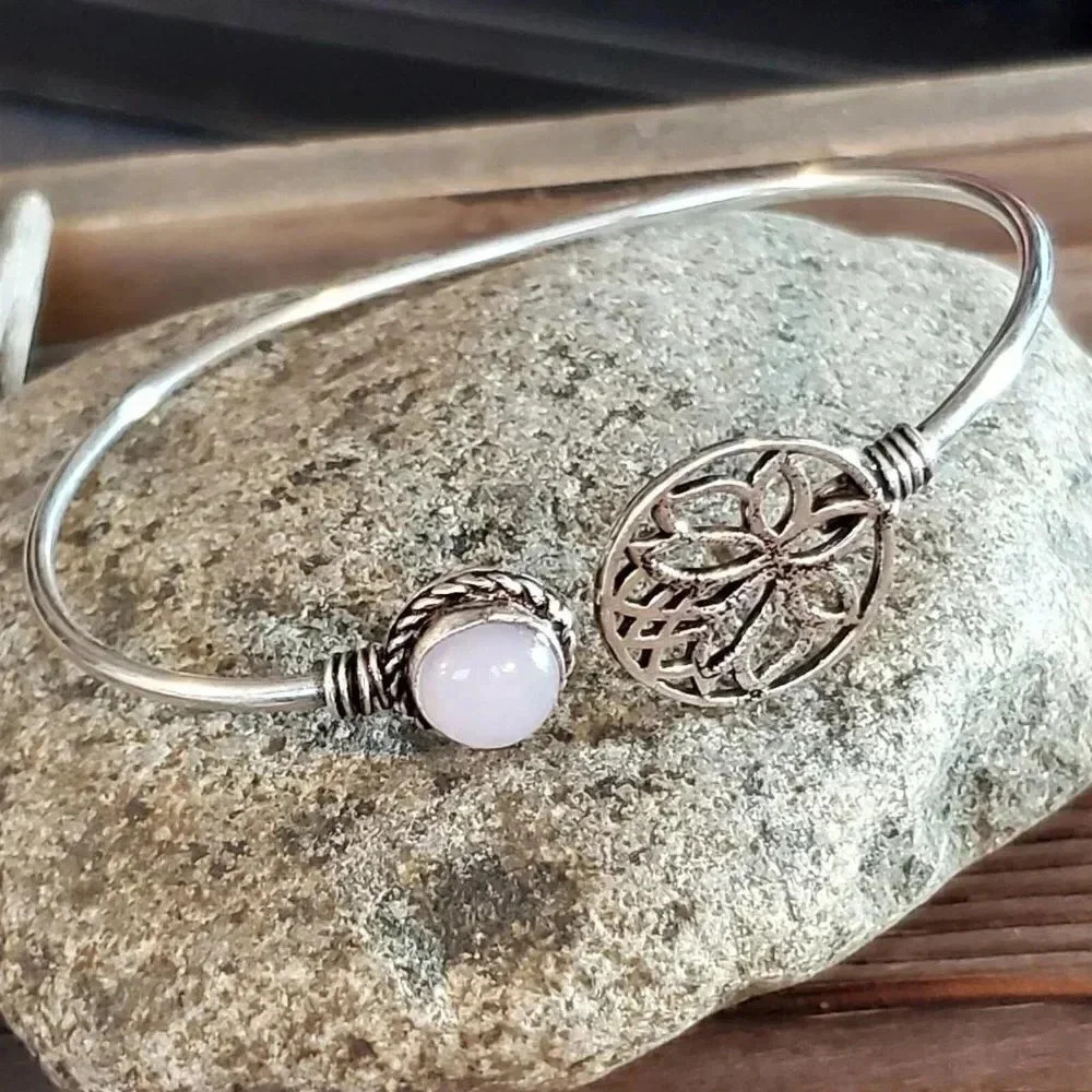 Handcrafted Opalite Gemstone Lotus Circle Sterling Silver Overlay Cuff Bracelet
